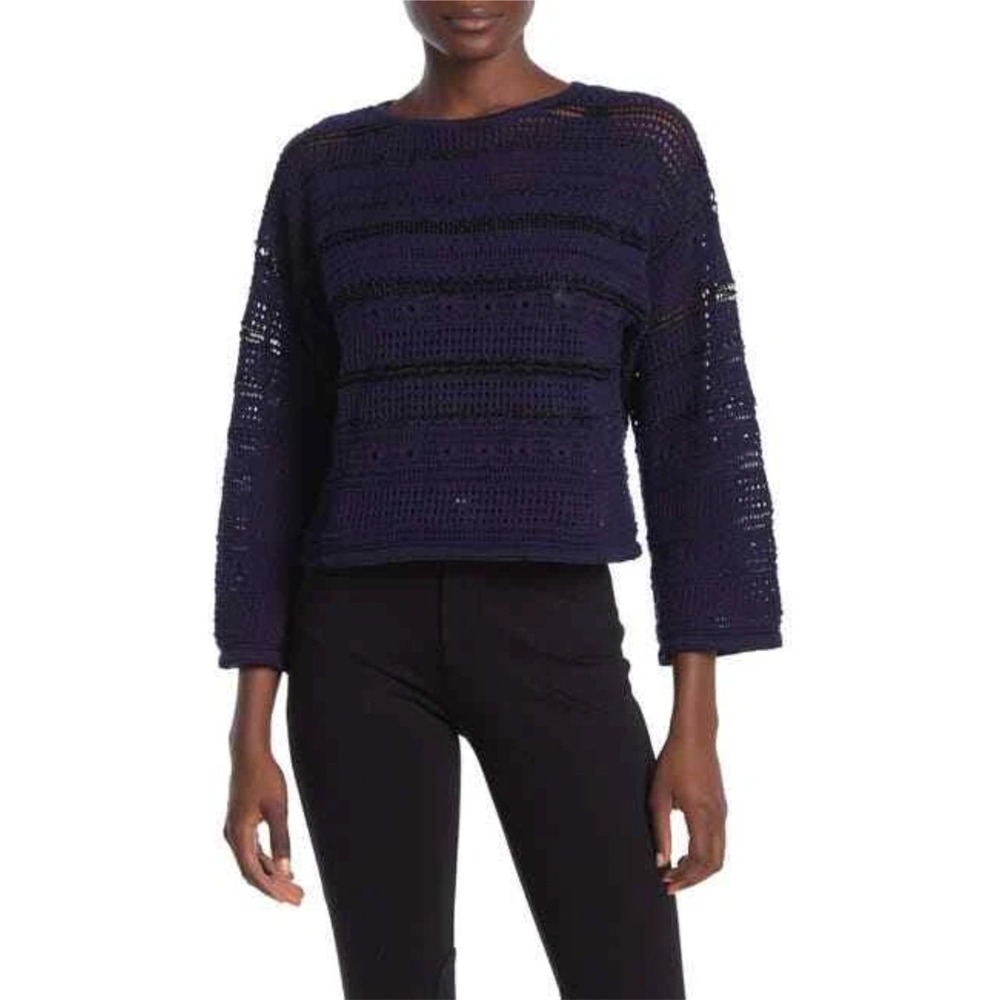 CENY Crochet Knit Sweater Pullover Striped‎ Bell Sleeve Top Navy Small NWT